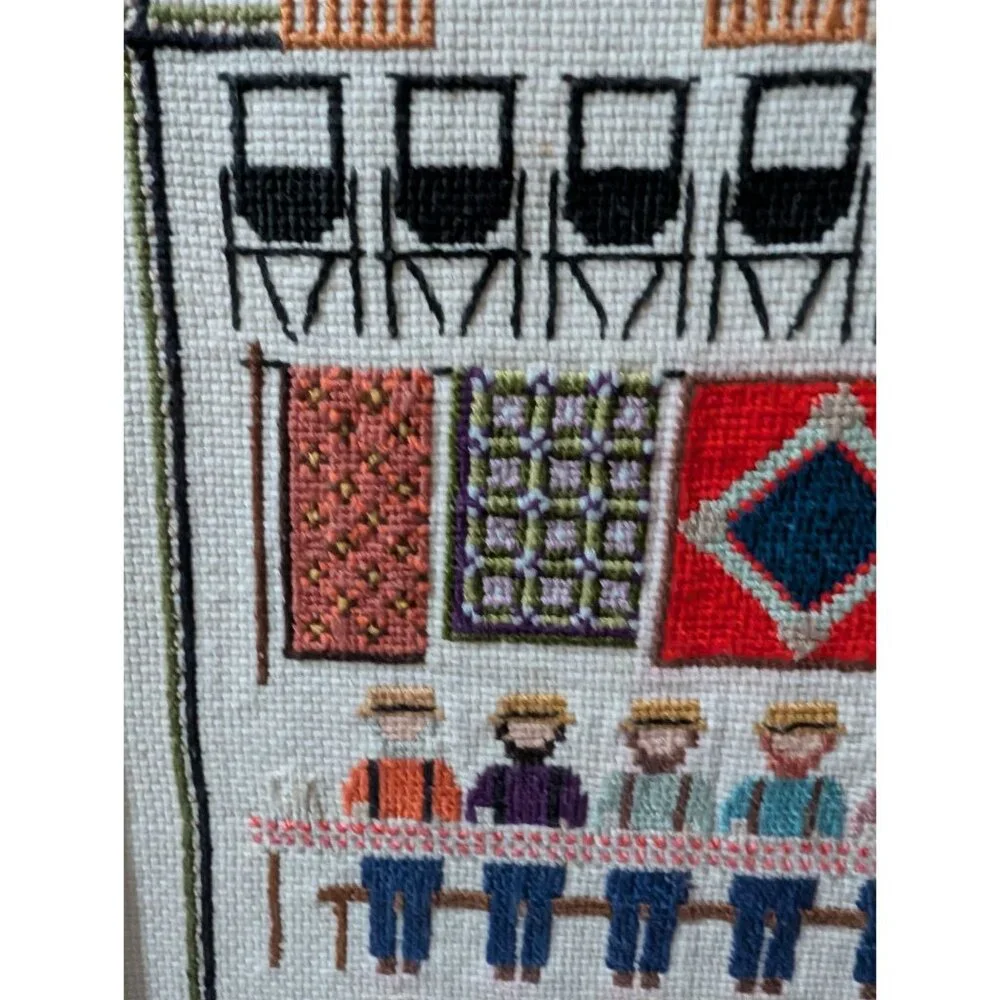Vintage Barnraising Needlepoint Art Handcrafted Framed Cross Stitch Wall Decor - Picture 3 of 13